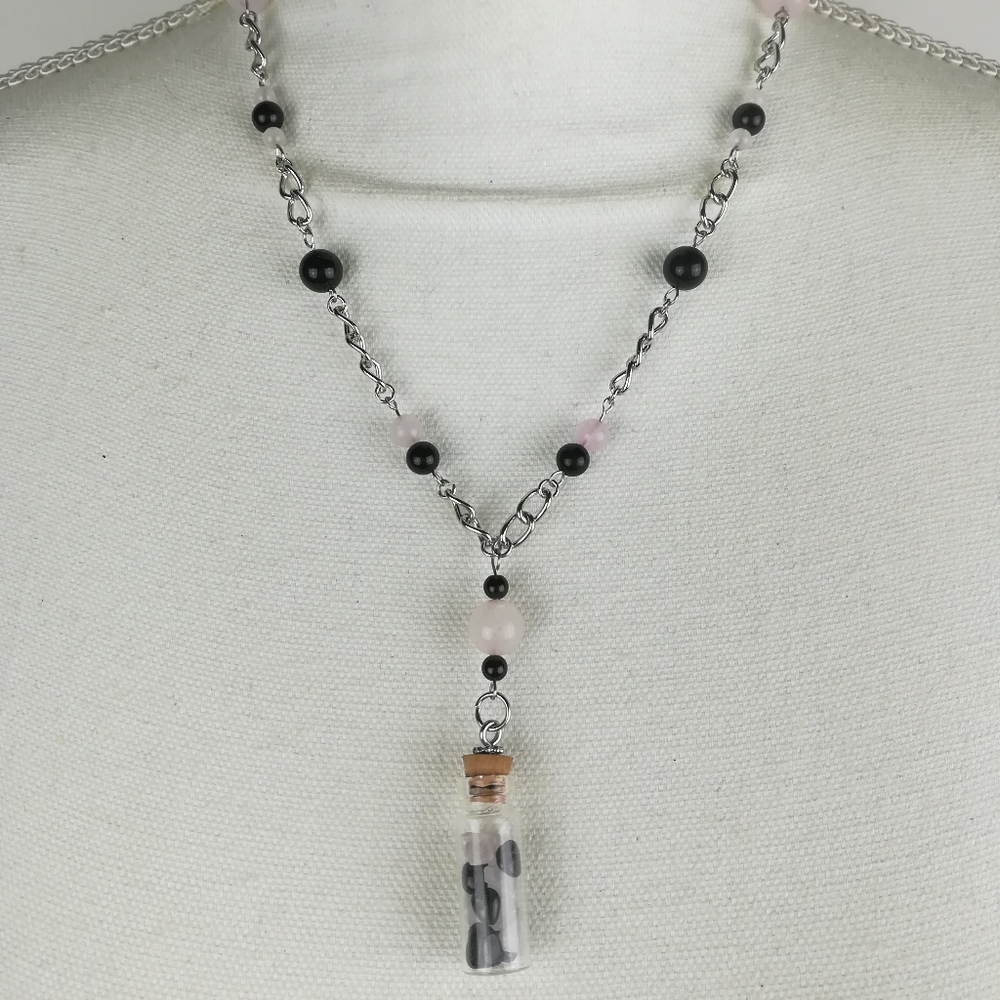 Obsidian & Rose Quartz healing necklace Unique design raw stones in bottle